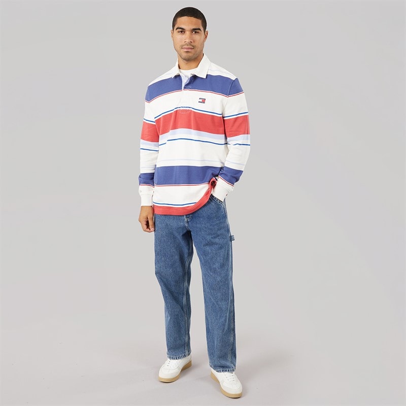 Tommy Jeans Mens Relaxed Stripe Rugby Shirt Ecru Multi - Image 3