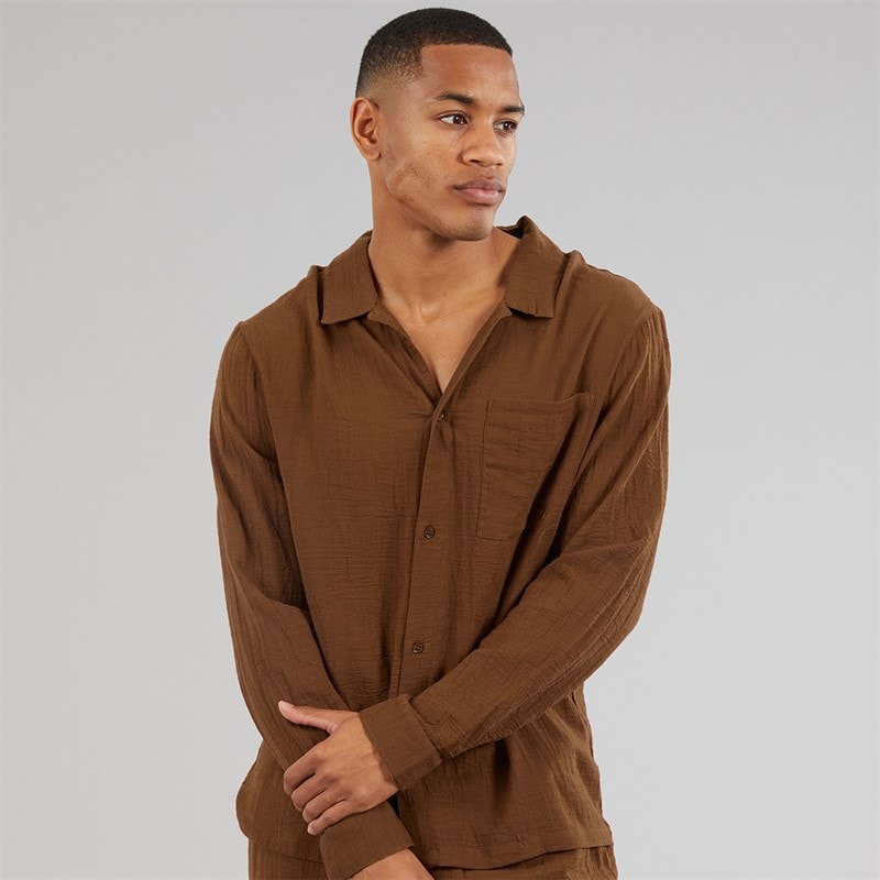Another Influence Mens Gauze Long Sleeve Relaxed Shirt Terracotta - Image 3
