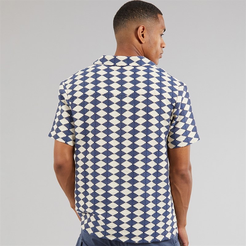 Another Influence Mens Revere Collar Crochet Shirt Navy/Cream - Image 2