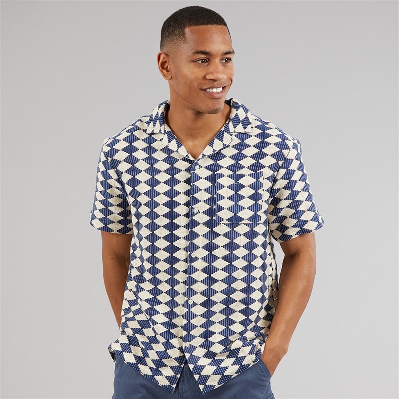 Another Influence Mens Revere Collar Crochet Shirt Navy/Cream - Image 3