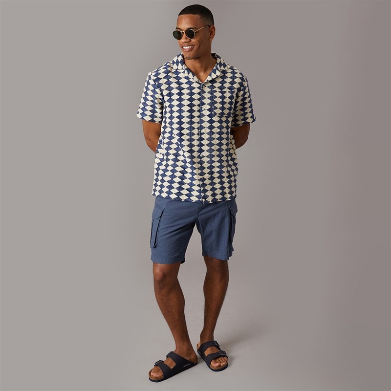 Another Influence Mens Revere Collar Crochet Shirt Navy/Cream - Image 4