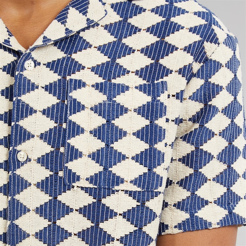 Another Influence Mens Revere Collar Crochet Shirt Navy/Cream - Image 5