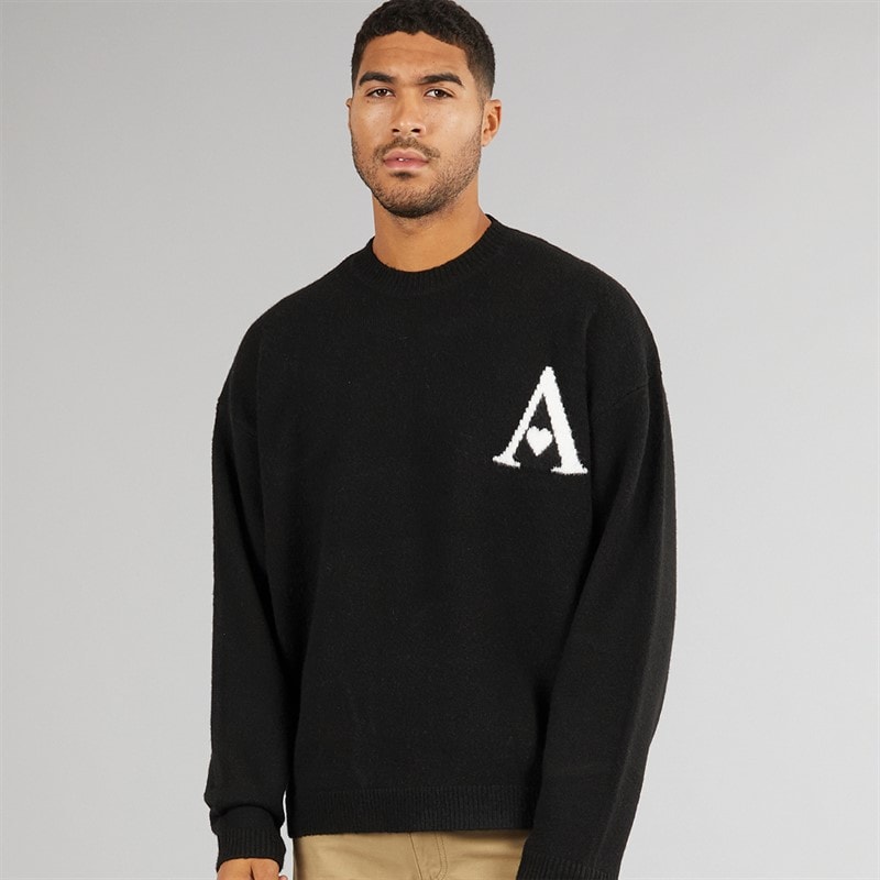 Avant Garde Mens Hearts Knitted Crew Neck Jumper Black - Image 1