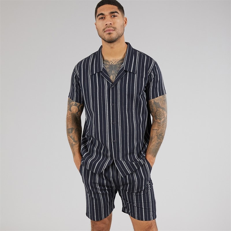 Avant Garde Mens Bay Textured Short Sleeve Shirt And Shorts Set Navy