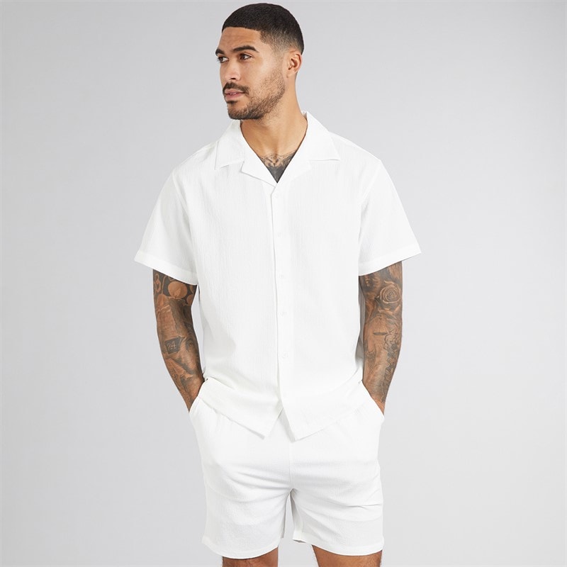 Avant Garde Mens Laguna Textured Short Sleeve Shirt And Shorts Set White - Image 1