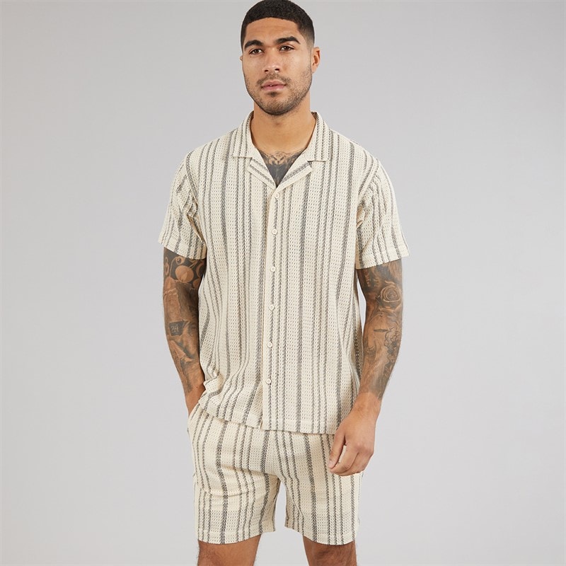 Avant Garde Mens Caspian Textured Short Sleeve Shirt And Shorts Set White/Navy