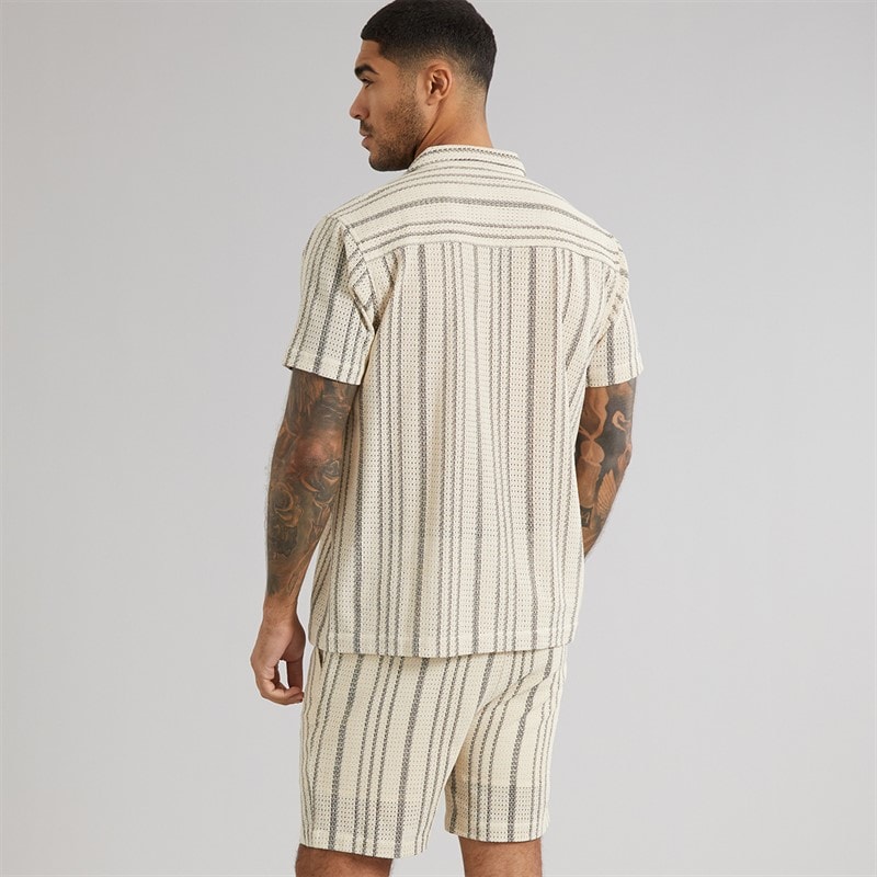 Avant Garde Mens Caspian Textured Short Sleeve Shirt And Shorts Set White/Navy - Image 2