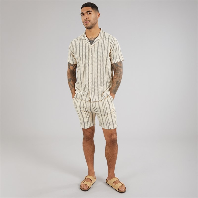 Avant Garde Mens Caspian Textured Short Sleeve Shirt And Shorts Set White/Navy - Image 4