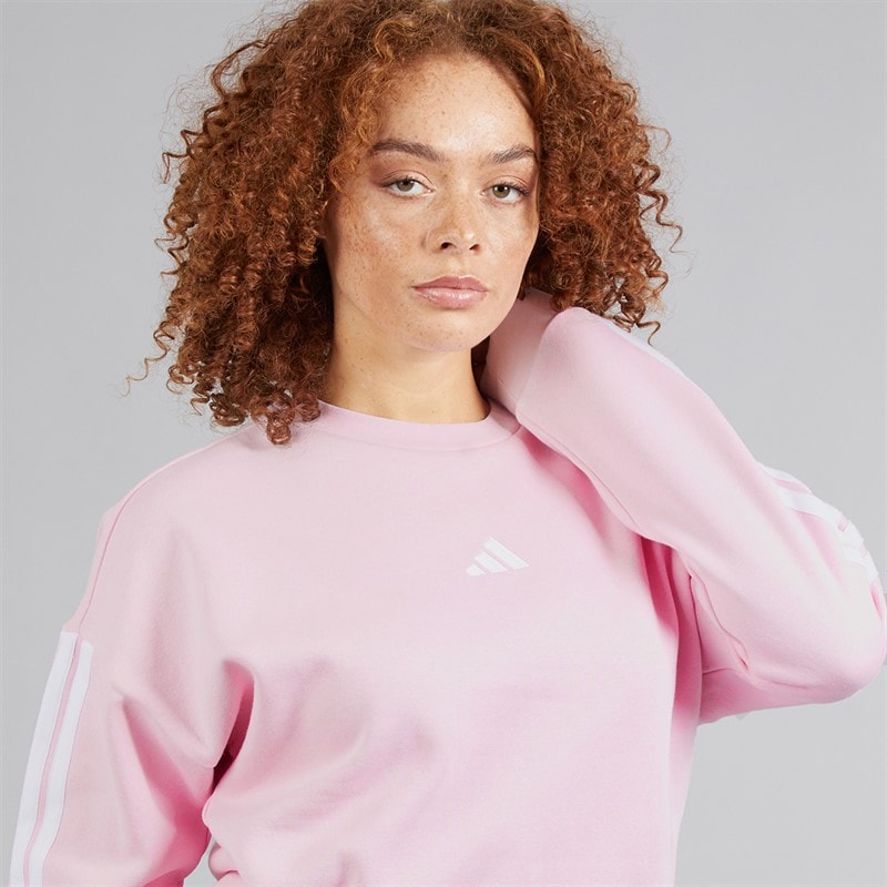 adidas Womens Essentiasl 3-Stripes Fleece Crew Sweat Clear Pink/White - Image 3