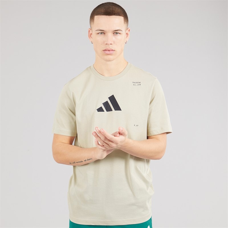 adidas Mens All Gym Category Back Graphic Training T-Shirt Beige - Image 1