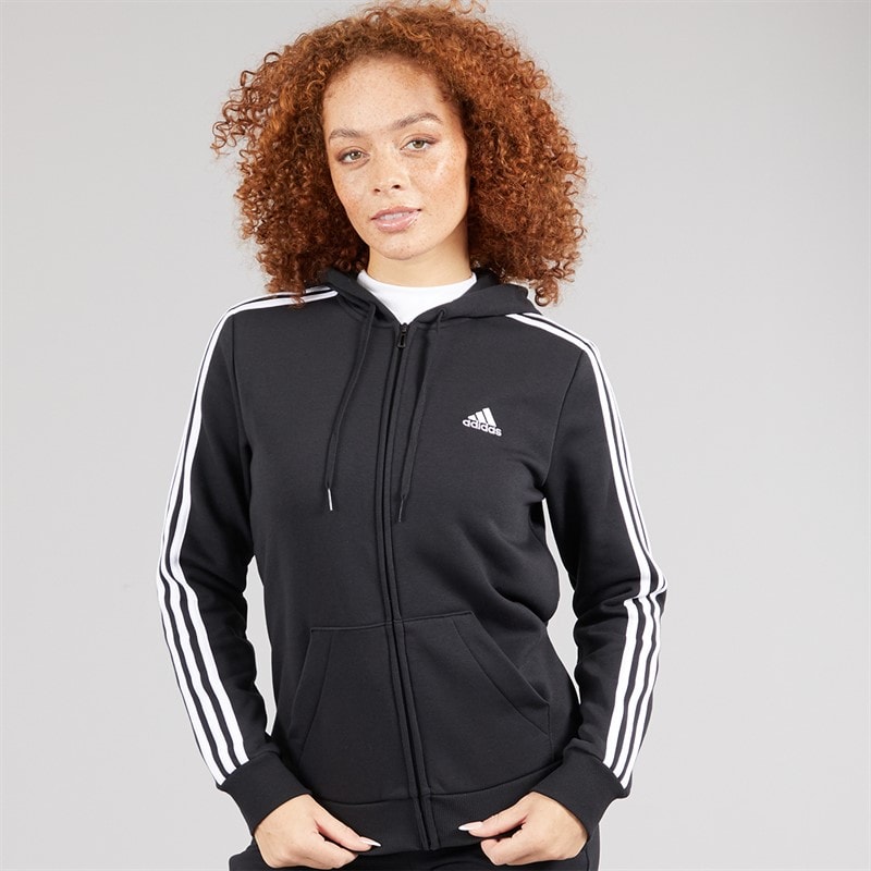 adidas Womens Essentials Fleece 3-Stripes Fille Zip Hoodie Black/White - Image 1