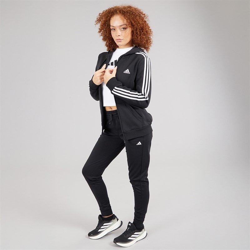 adidas Womens Essentials Fleece 3-Stripes Fille Zip Hoodie Black/White - Image 4