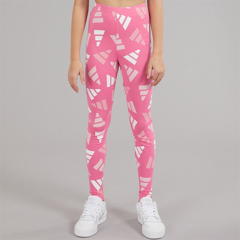 adidas Junior Girls Essentials AOP Logo Celebration Leggings Pink Fusion - Image 2