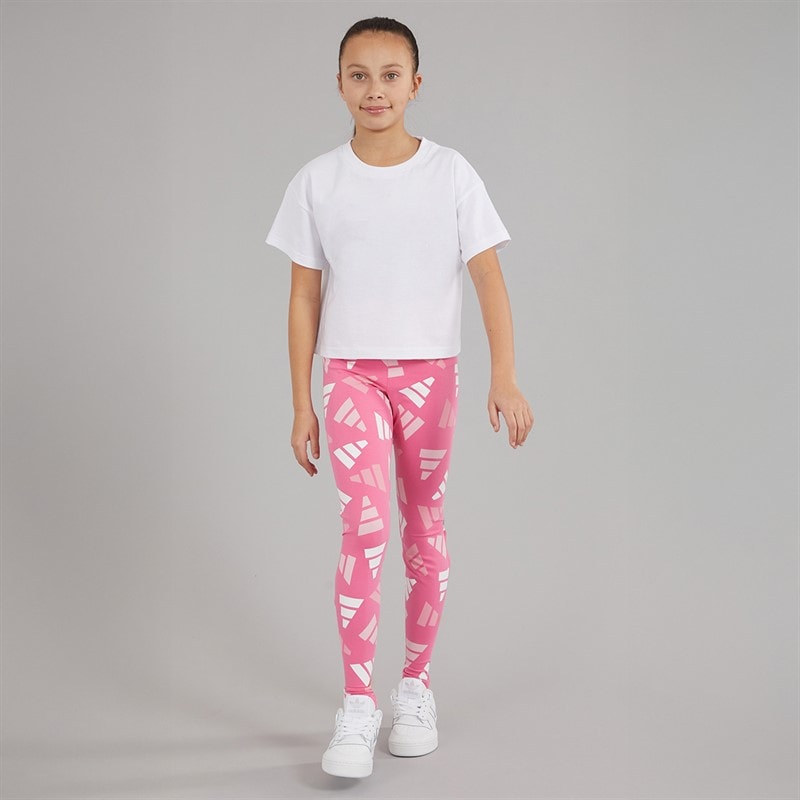 adidas Junior Girls Essentials AOP Logo Celebration Leggings Pink Fusion - Image 4