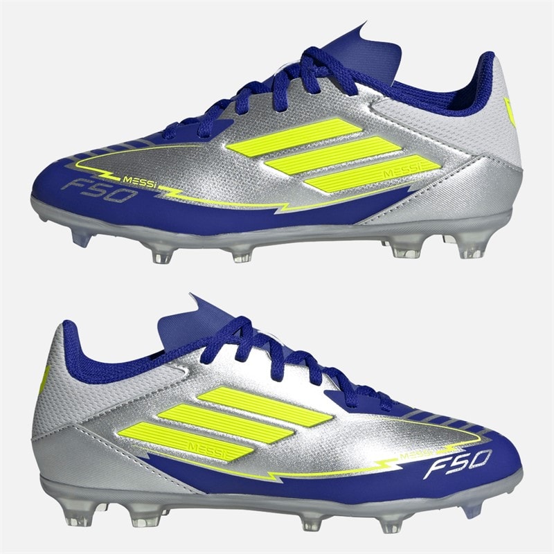 adidas Junior F50 League Messi FG/MG Firm/multi Ground Football Boots Silver Metallic/Solar Yellow/Lucid Blue