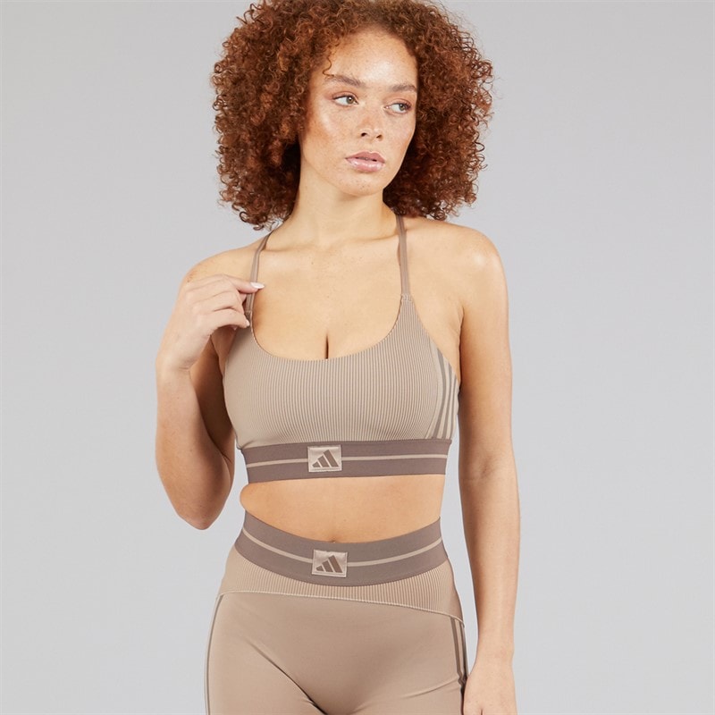 adidas Womens Hyperglam Rib Light Support Bralette Chalky Brown/Earth Strata - Image 5
