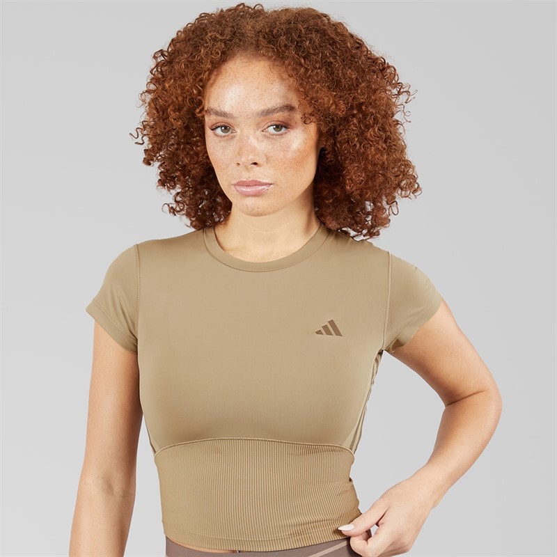 adidas Womens Hyperglam Rib Baby T-Shirt Chalky Brown/Earth Strata - Image 3