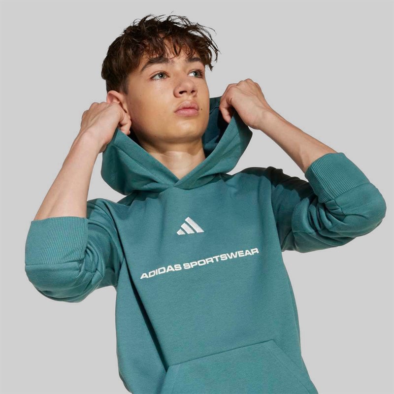 adidas Junior Boys Slogan Fleece Hoodie Preloved Teal - Image 3