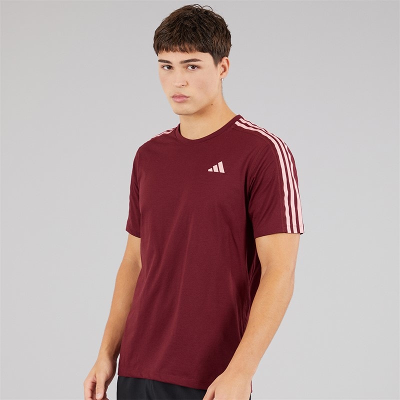 adidas Mens Own The Run 3-Stripes Running T-Shirt Shadow Red