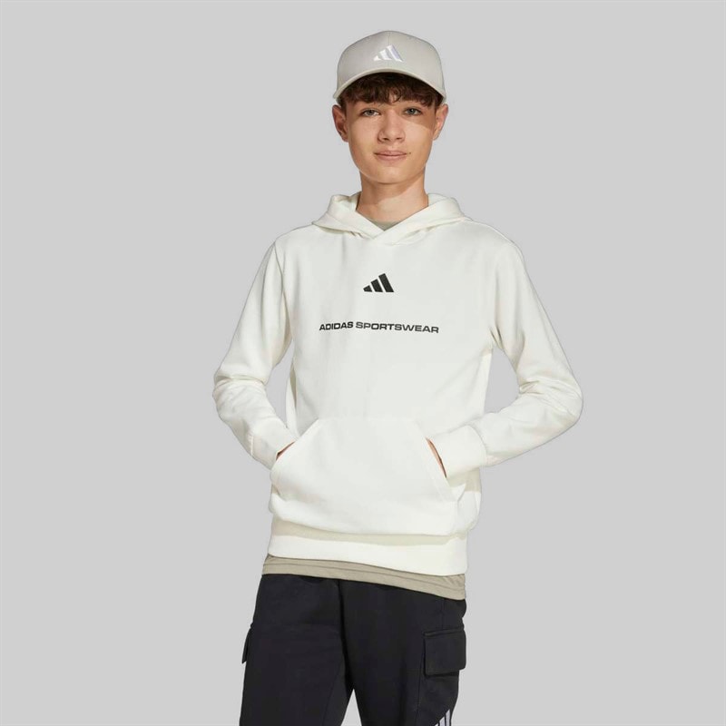 adidas Junior Boys Slogan Fleece Hoodie Off White - Image 1