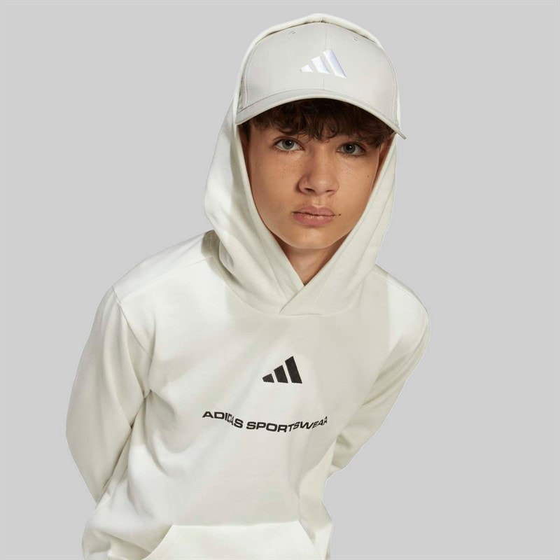 adidas Junior Boys Slogan Fleece Hoodie Off White - Image 3