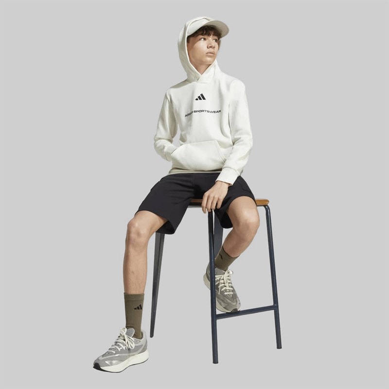 adidas Junior Boys Slogan Fleece Hoodie Off White - Image 4