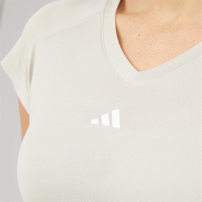adidas Womens Aeroready Workout Essentials V Neck T-Shirt Beige/White - Image 3