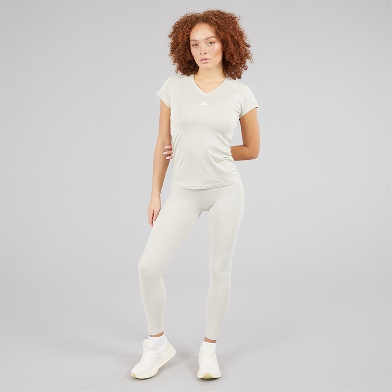 adidas Womens Aeroready Workout Essentials V Neck T-Shirt Beige/White - Image 4