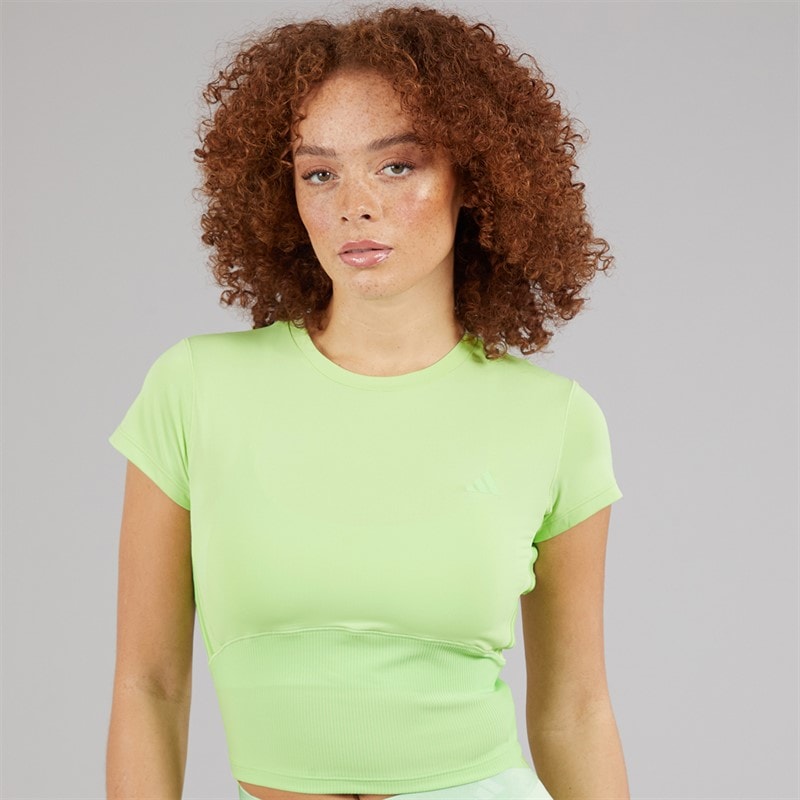adidas Womens Hyperglam Rib Baby T-Shirt Semi Green Spark/Lime Burst - Image 3