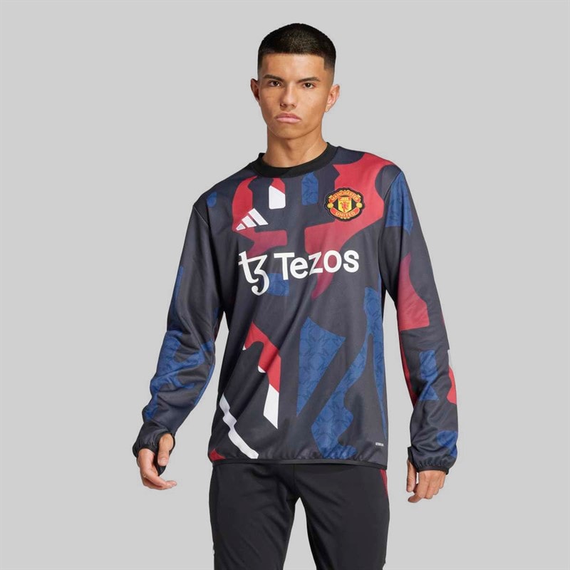 adidas Mens MUFC Manchester United 24/25 Pre Match Warm Up Long Sleeve Top Black/Mufc Red/Off White/Team Coll Burgundy - Image 2