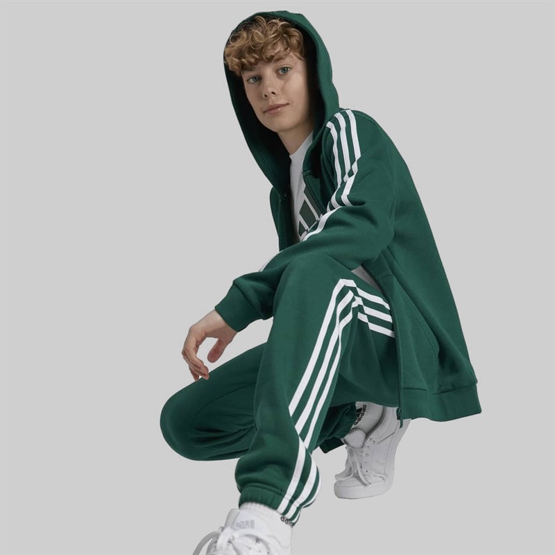 adidas Junior Boys Essentials 3 Stripes Full Zip Hoodie Collegiate Green/White - Image 2