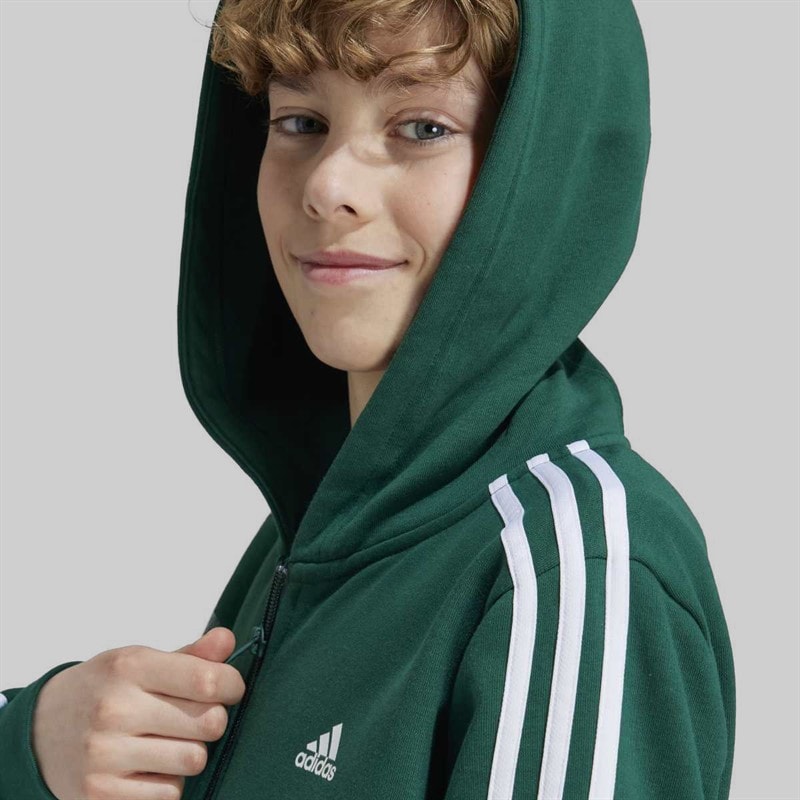 adidas Junior Boys Essentials 3 Stripes Full Zip Hoodie Collegiate Green/White - Image 4