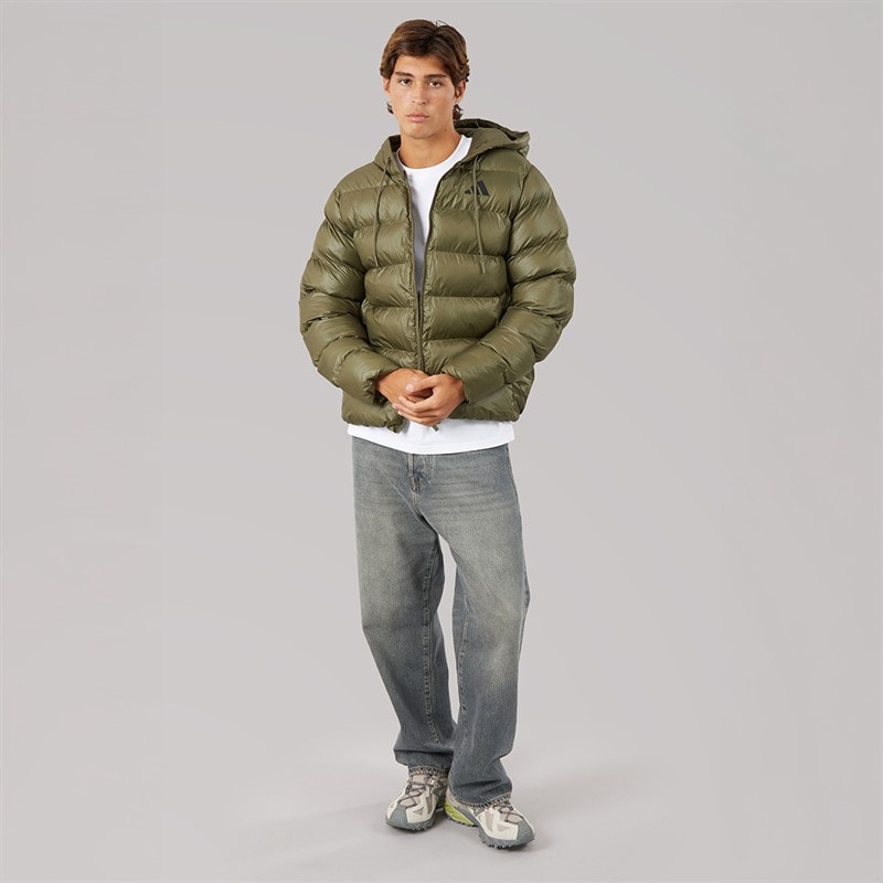 adidas Mens Essentials Climawarm Synthetic Down Puffer Hooded Jacket Olive Strata - Image 4