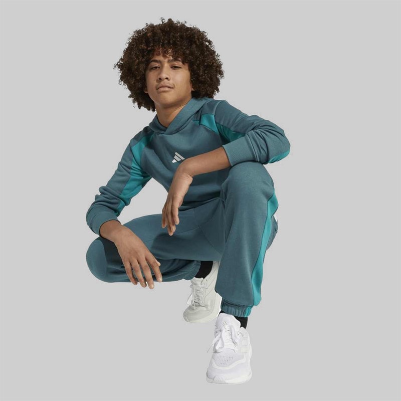 adidas Junior Boys Seasonal Essentials Colourblock Hoodie Preloved Teal/Preloved Teal/White - Image 5