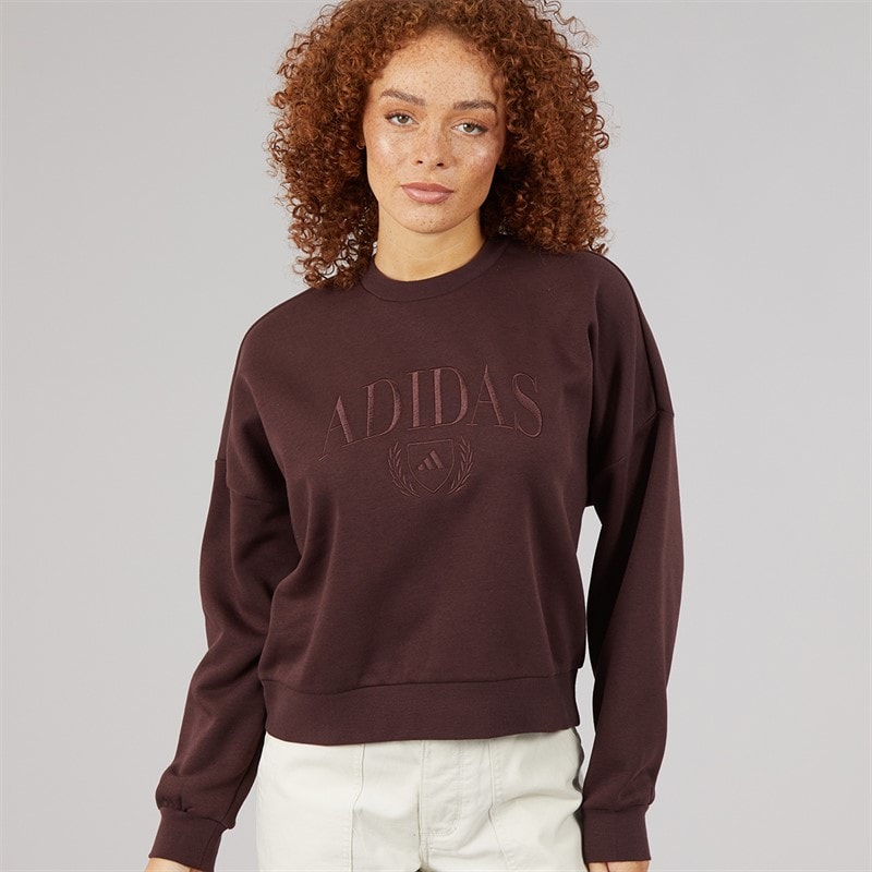 adidas Womens Cozy Holiday Graphic Sweatshirt Shadow Brown