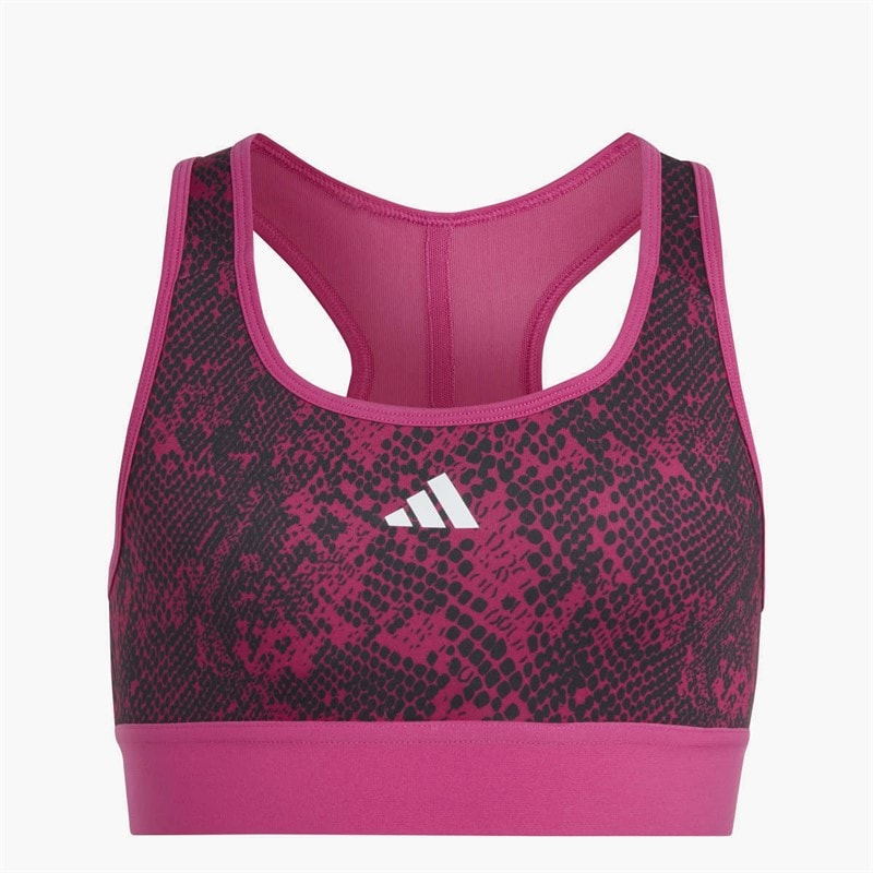 adidas Junior Girls AEROREADY Powerreact Animal Print Padded Sports Bra Semi Lucid Fuchsia/Carbon/White