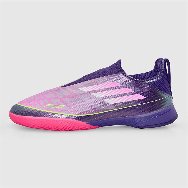 adidas Junior F50 League Laceless Lamine Yamal IN Indoor Football Boots Unity Purple/Footwear White/Lucid Lemon - Image 2
