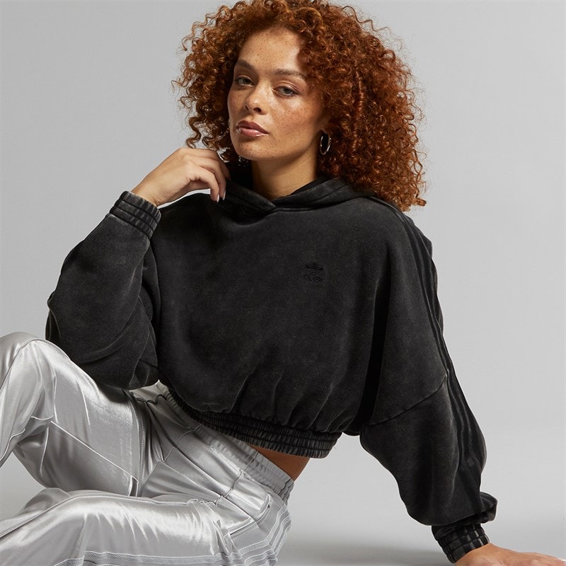 adidas Originals Womens Washed Out Crop Oversized Hoodie Black - Image 1