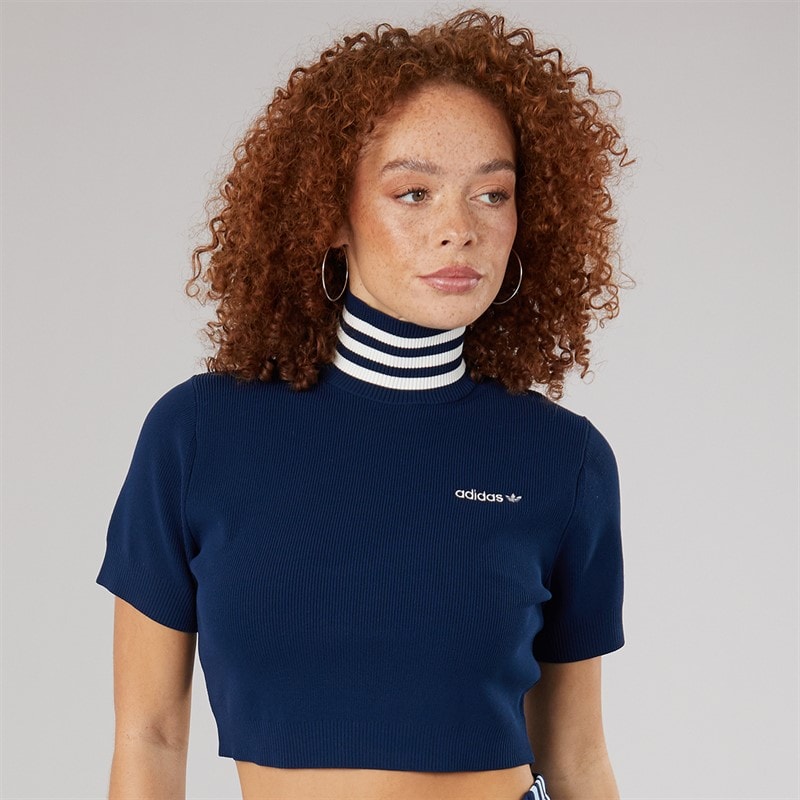 adidas Originals Womens Cropped Turtle Neck T-Shirt Night Indigo/Off White - Image 3