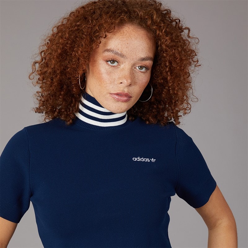 adidas Originals Womens Cropped Turtle Neck T-Shirt Night Indigo/Off White - Image 5