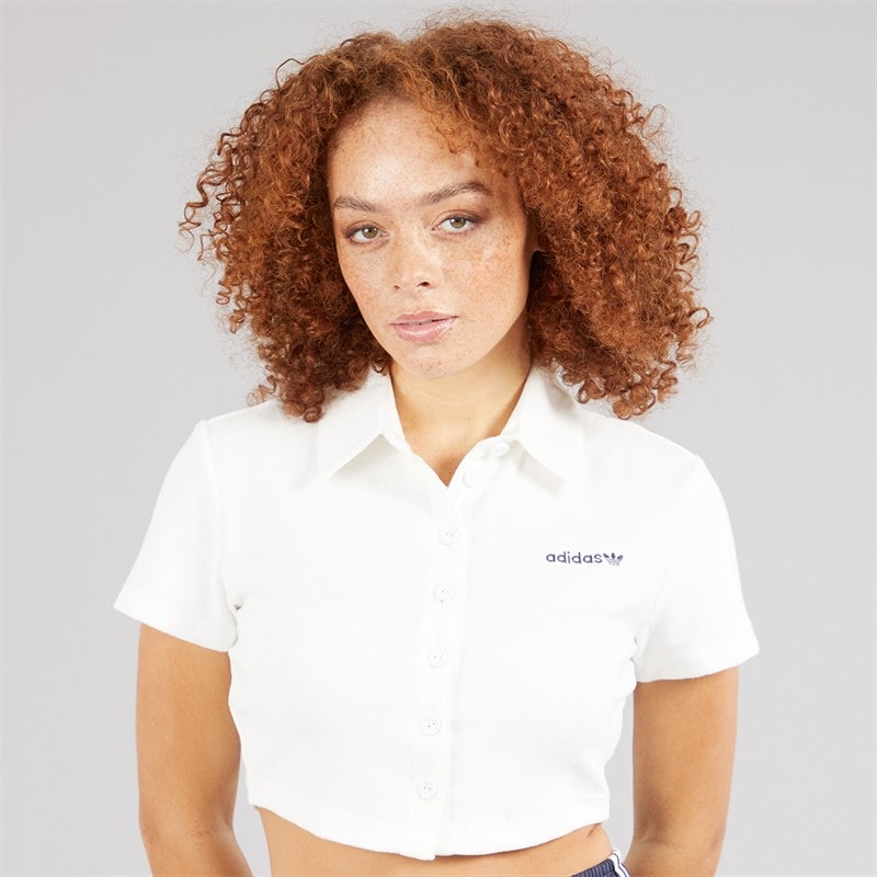 adidas Originals Womens Towel Button Down Polo Shirt Cloud White - Image 3