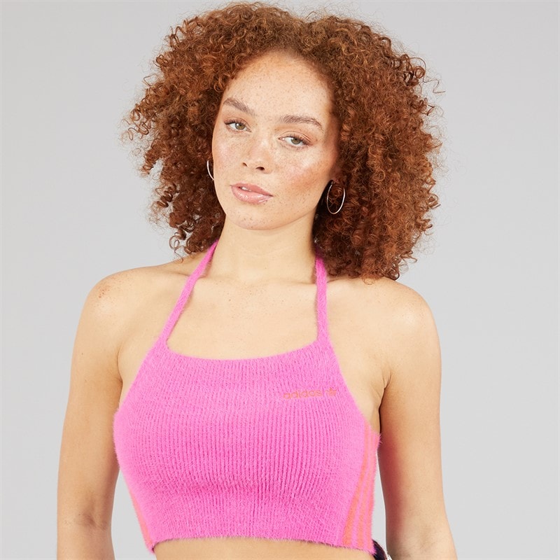 adidas Originals Womens Fluffy Knitted Halter Top Semi Lucid Fuchsia - Image 3