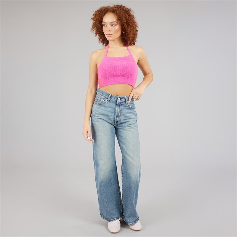 adidas Originals Womens Fluffy Knitted Halter Top Semi Lucid Fuchsia - Image 4