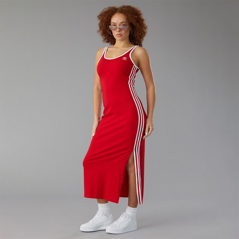 adidas Originals Womens Adicolor 3-Stripes Tank Maxi Dress Better Scarlet/White - Image 4