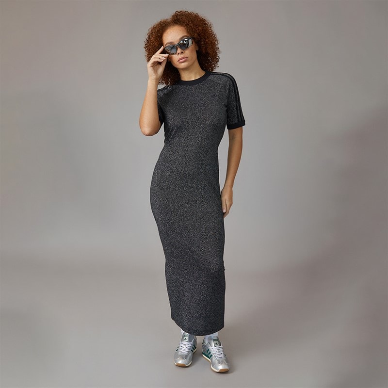 adidas Originals Womens Adicolor Holiday Glitter 3-Stripes Dress Black - Image 4