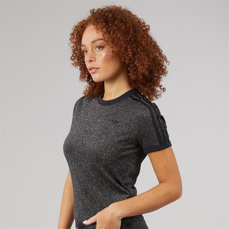 adidas Originals Womens Adicolor Glitter Cali T-Shirt Black - Image 3