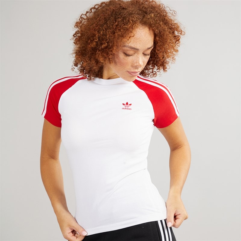 adidas Originals Womens Adicolor 3-Stripes Raglan T-Shirt White/Better Scarlet