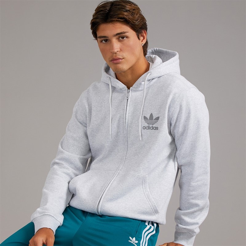 adidas Originals Mens Trefoil Logo Essentials Full Zip Hoodie Light Grey Heather