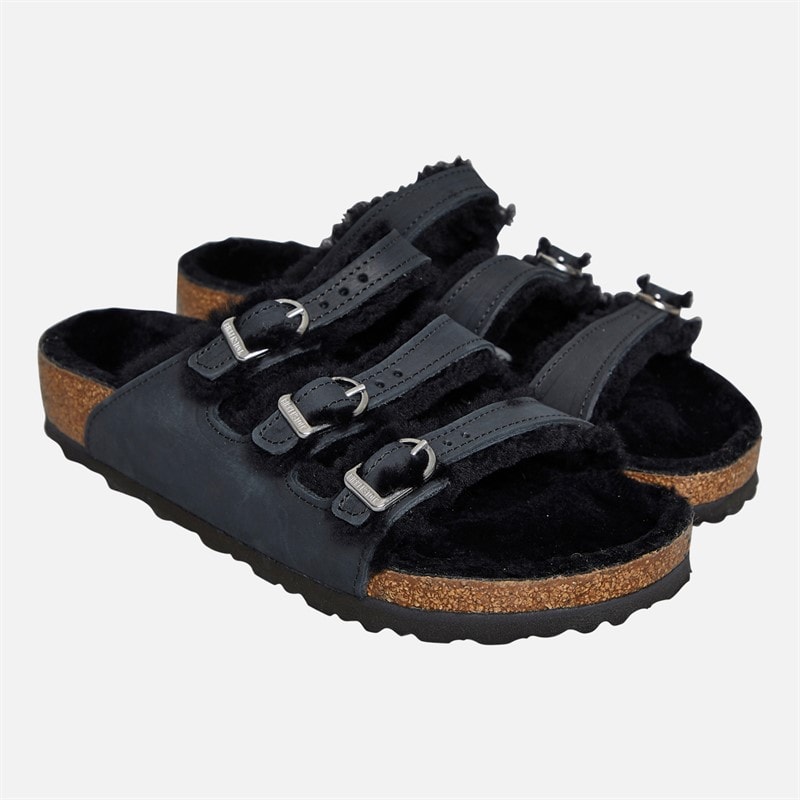 Birkenstock Womens Florida Shearling Lined Triple Strap Sandals Black - Image 2