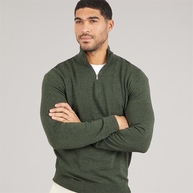 Selected Mens 1/4 Zip Knit Jumper Forest Night